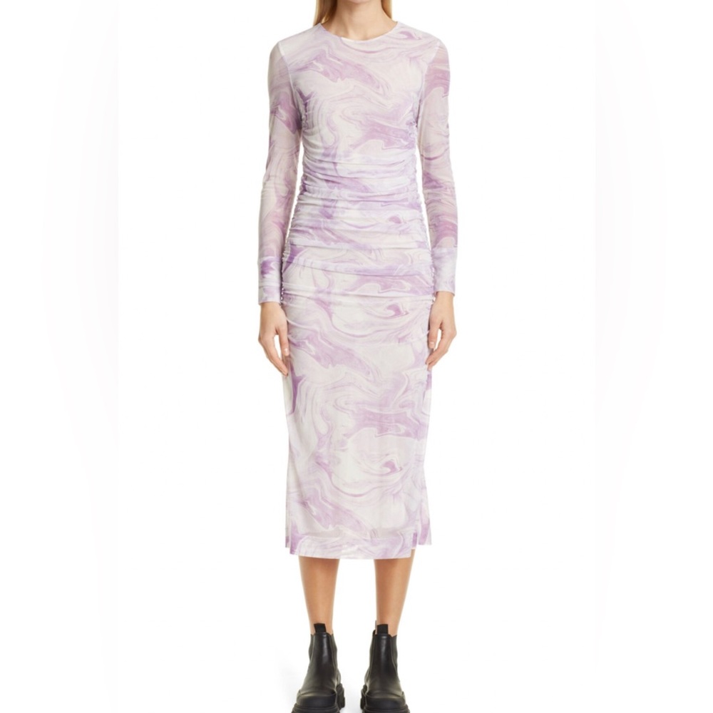 Ganni Marble Print Long Sleeve Mesh Midi Dress purple . Sz 42